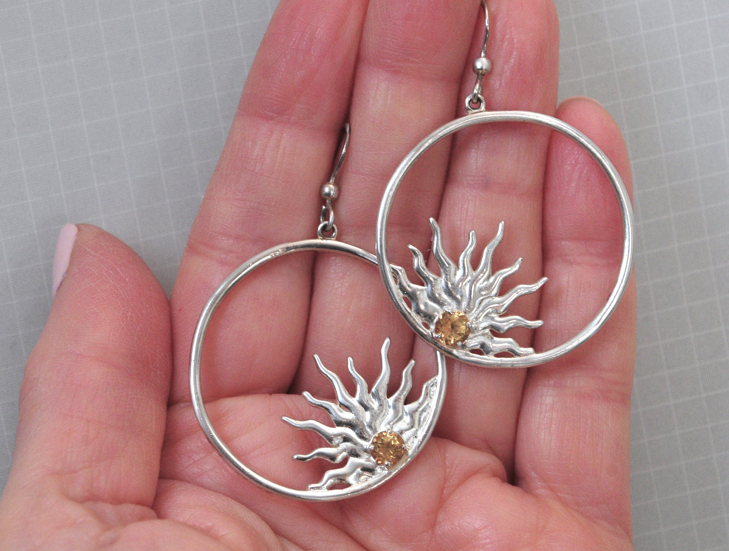 Large Sterling Silver Citrine Sunburst Earrings