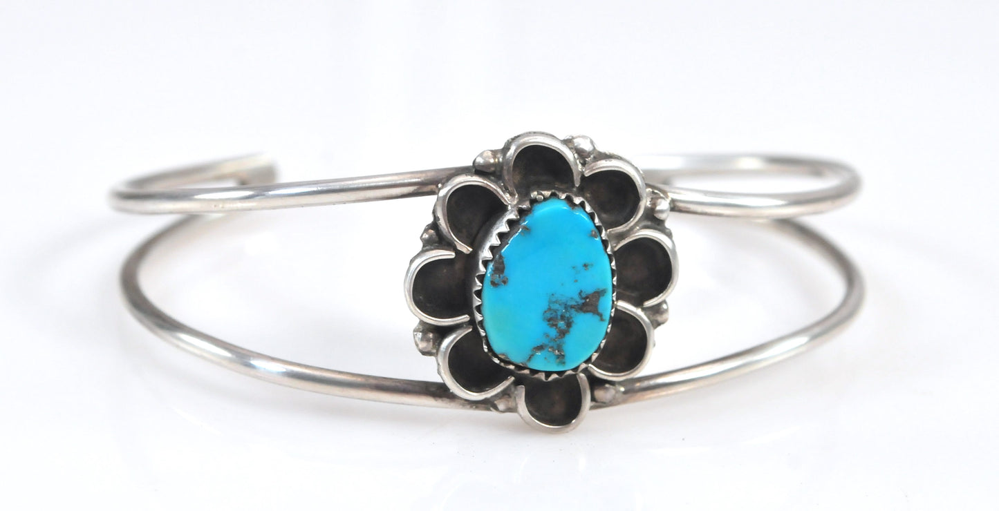 Vintage Signed Native American Sterling Silver Turquoise Cuff Bracelet