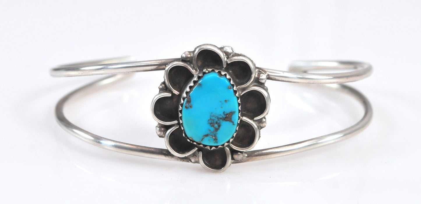 Vintage Signed Native American Sterling Silver Turquoise Cuff Bracelet
