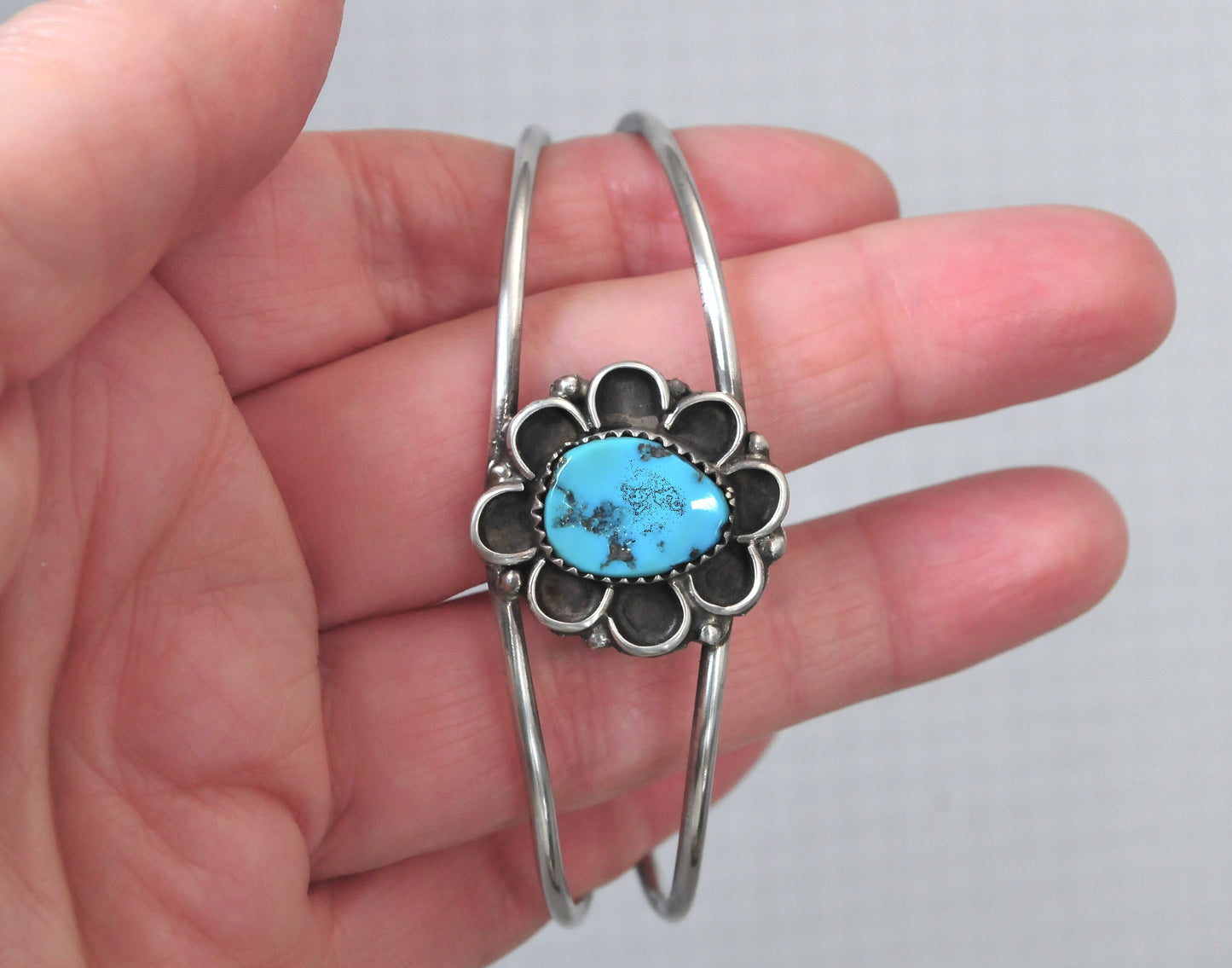 Vintage Signed Native American Sterling Silver Turquoise Cuff Bracelet