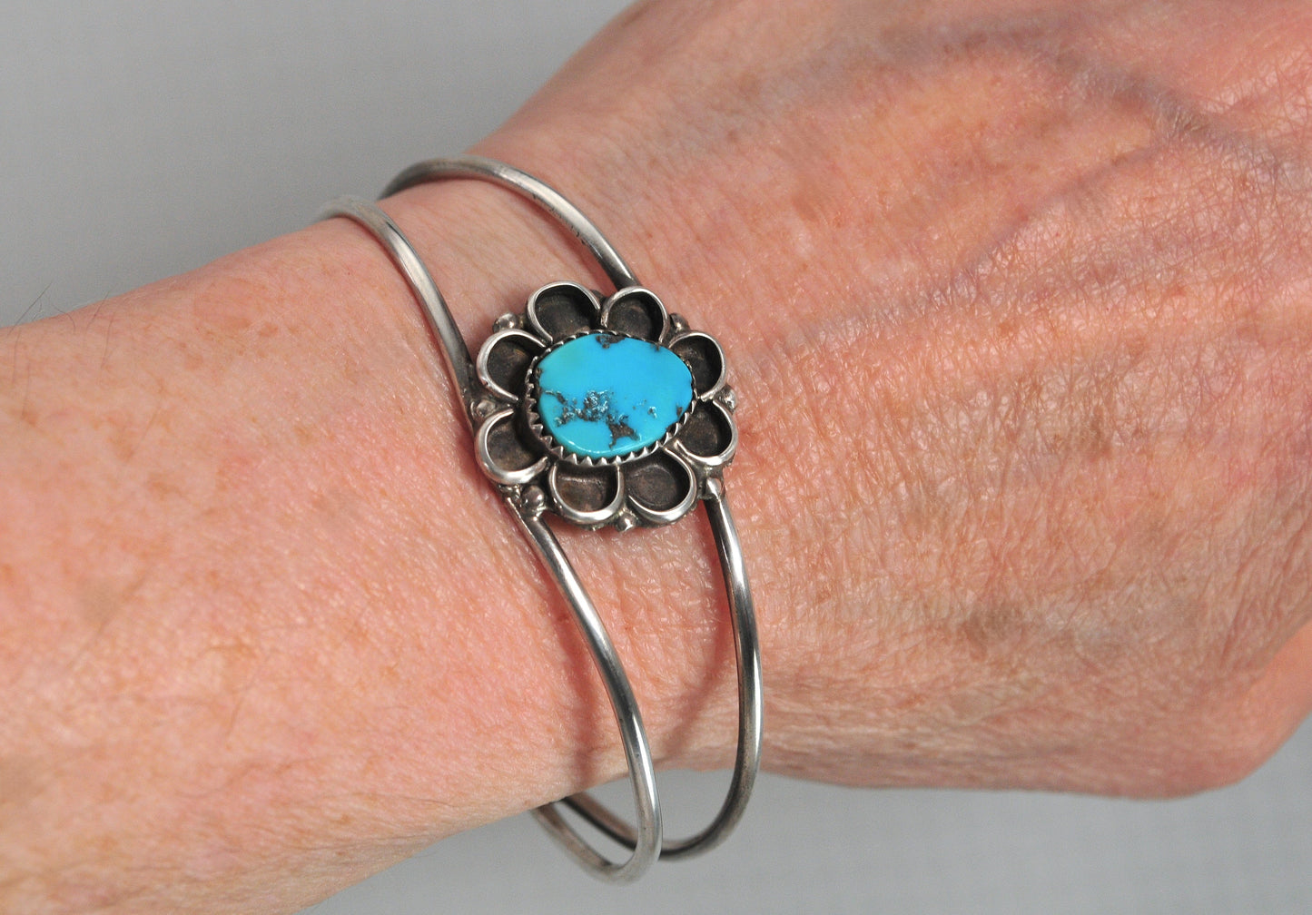 Vintage Signed Native American Sterling Silver Turquoise Cuff Bracelet