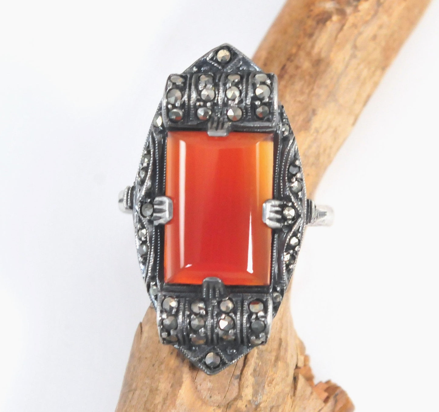 Art Deco Sterling Silver Carnelian Marcasite Ring