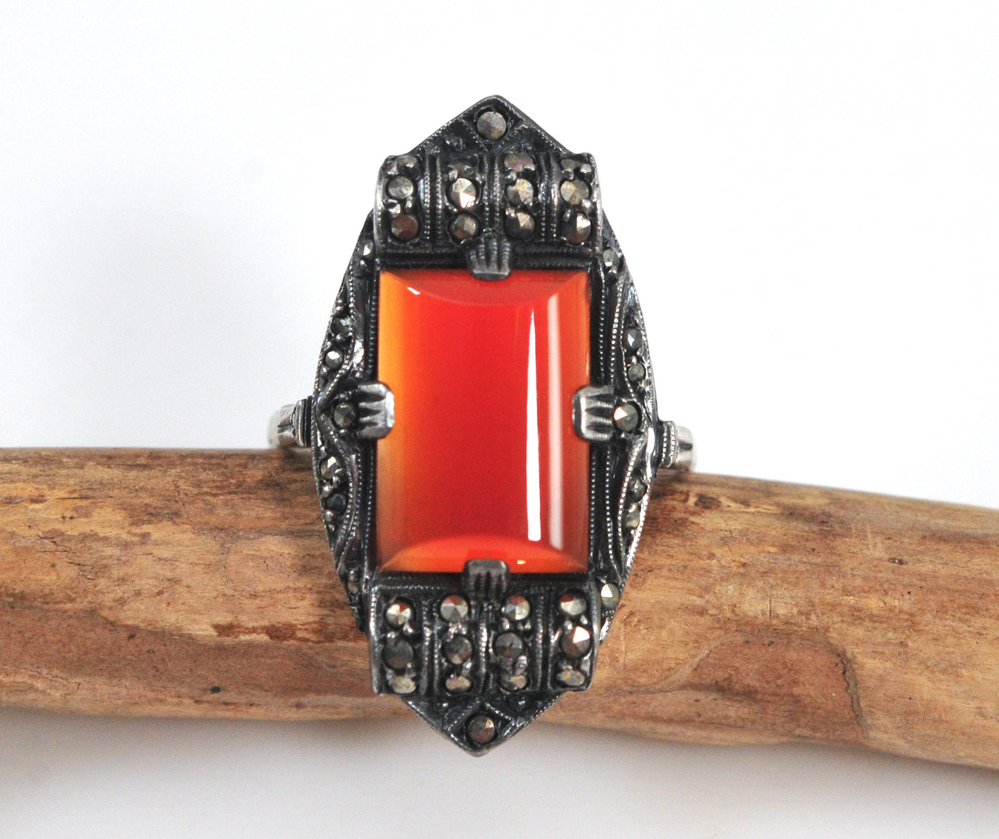 Art Deco Sterling Silver Carnelian Marcasite Ring