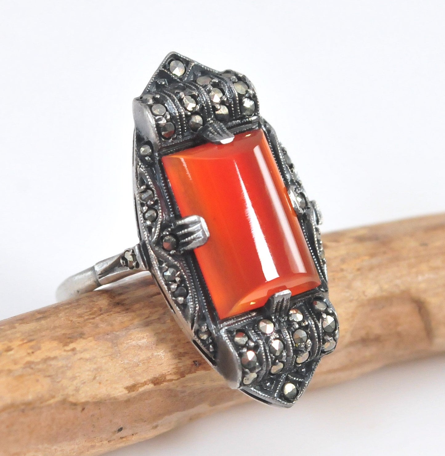 Art Deco Sterling Silver Carnelian Marcasite Ring