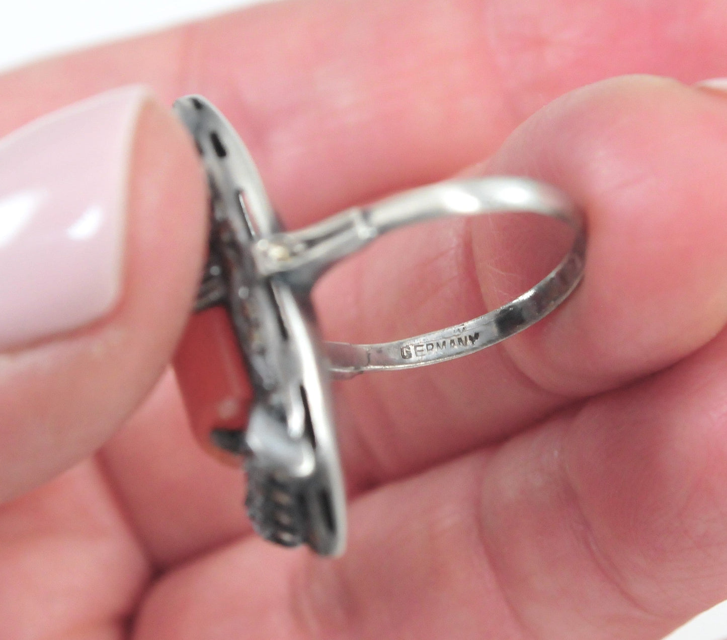 Art Deco Sterling Silver Carnelian Marcasite Ring