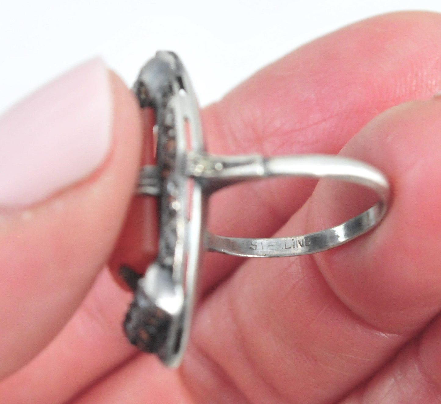 Art Deco Sterling Silver Carnelian Marcasite Ring