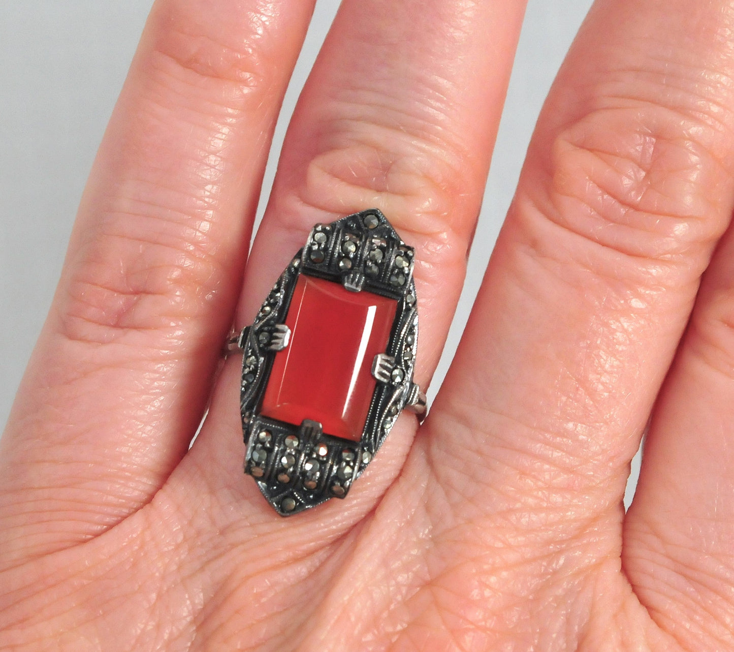 Art Deco Sterling Silver Carnelian Marcasite Ring