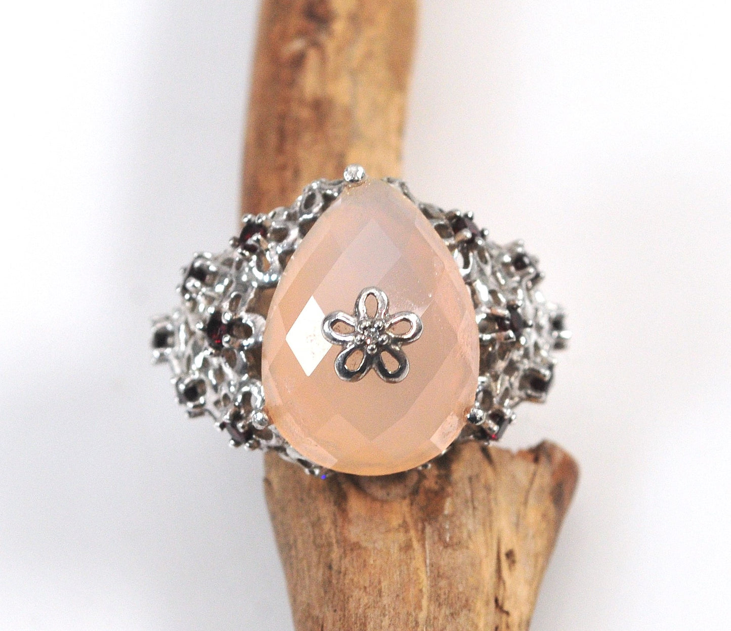 Designer Sterling Silver Rose Quartz Garnet Floral Ring