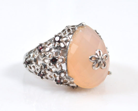 Designer Sterling Silver Rose Quartz Garnet Floral Ring