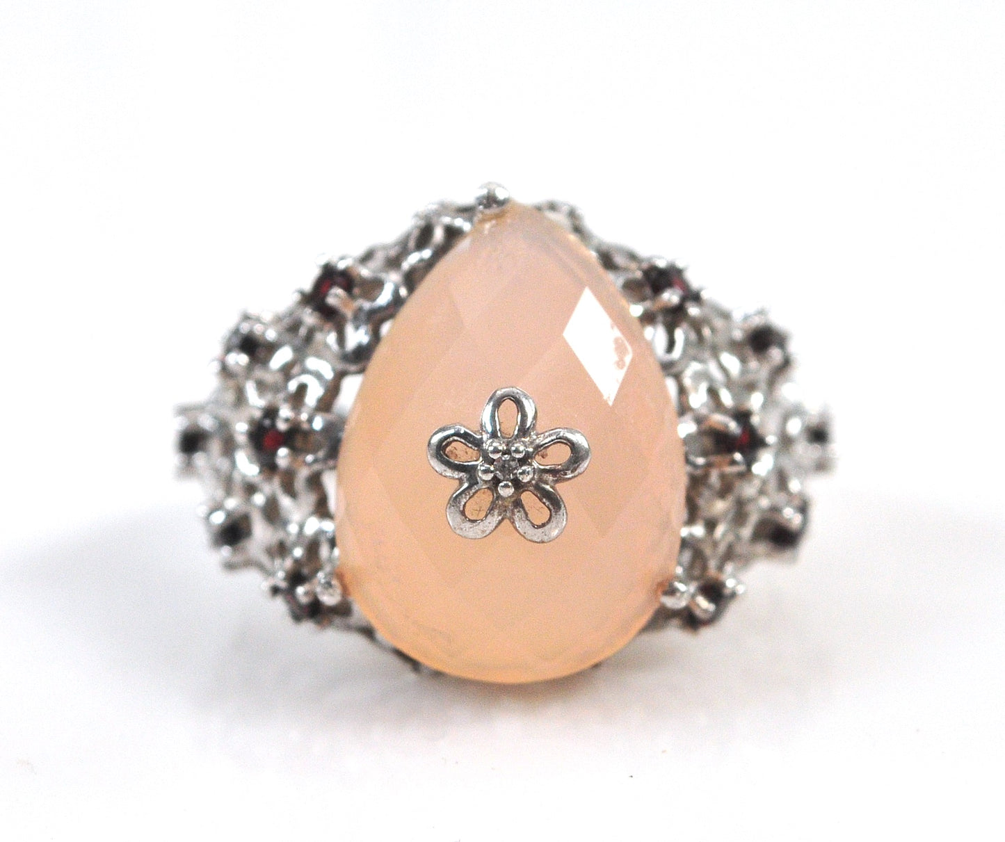 Designer Sterling Silver Rose Quartz Garnet Floral Ring