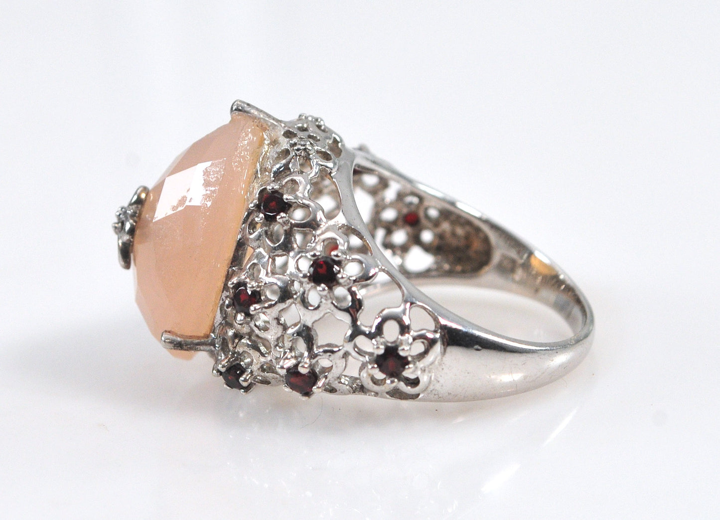 Designer Sterling Silver Rose Quartz Garnet Floral Ring