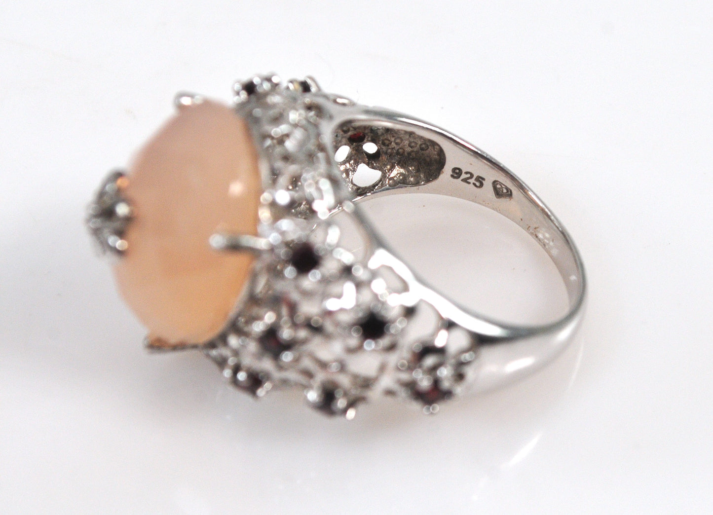 Designer Sterling Silver Rose Quartz Garnet Floral Ring