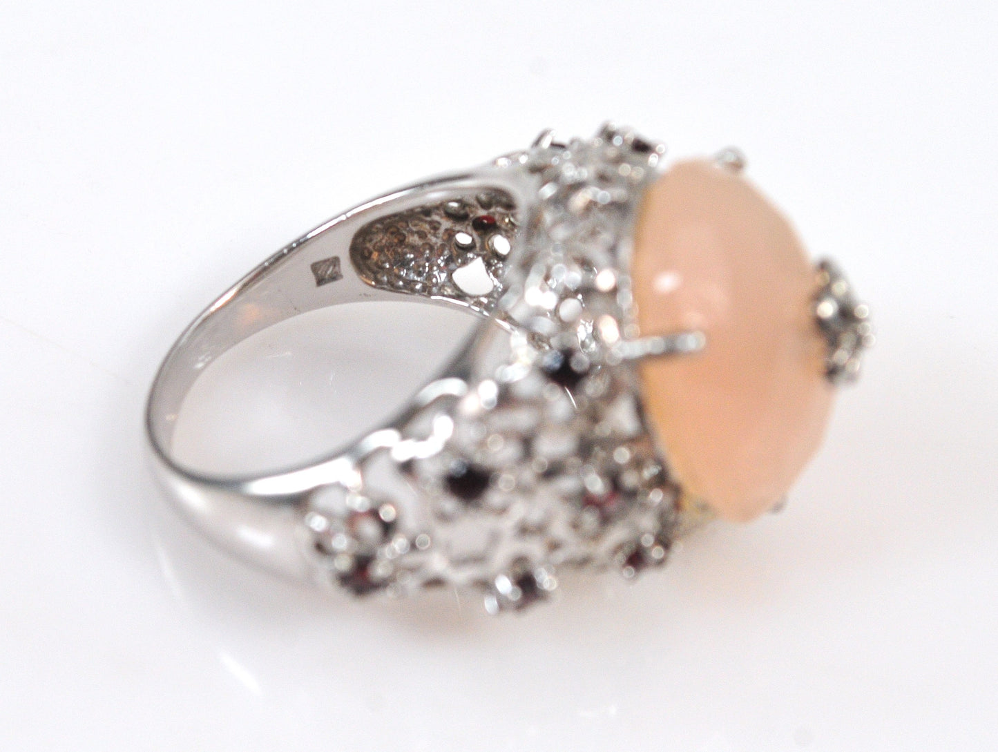 Designer Sterling Silver Rose Quartz Garnet Floral Ring
