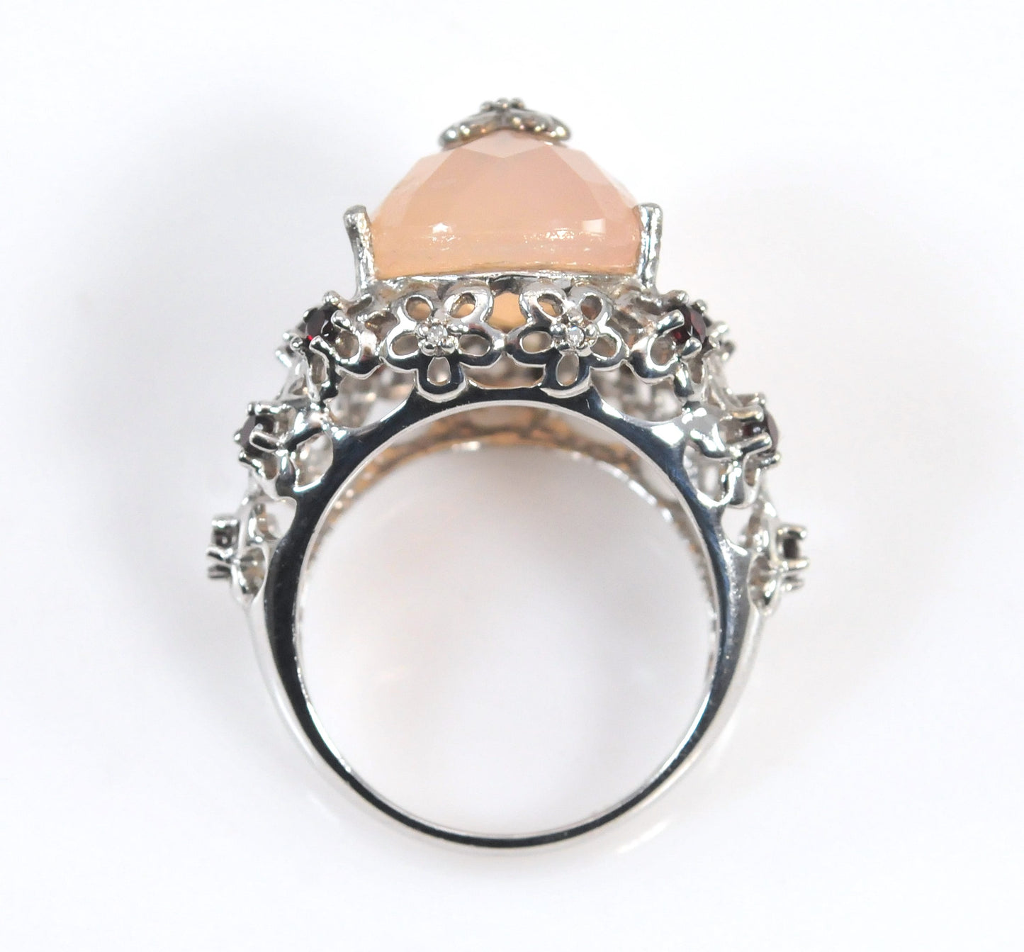 Designer Sterling Silver Rose Quartz Garnet Floral Ring