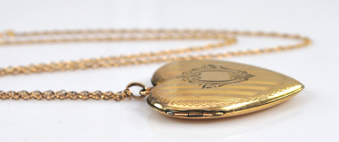 Large Vintage Signed Gold Filled Heart Locket Necklace