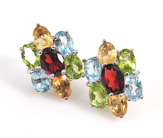 Sterling Silver Gemstone Cluster Stud Earrings