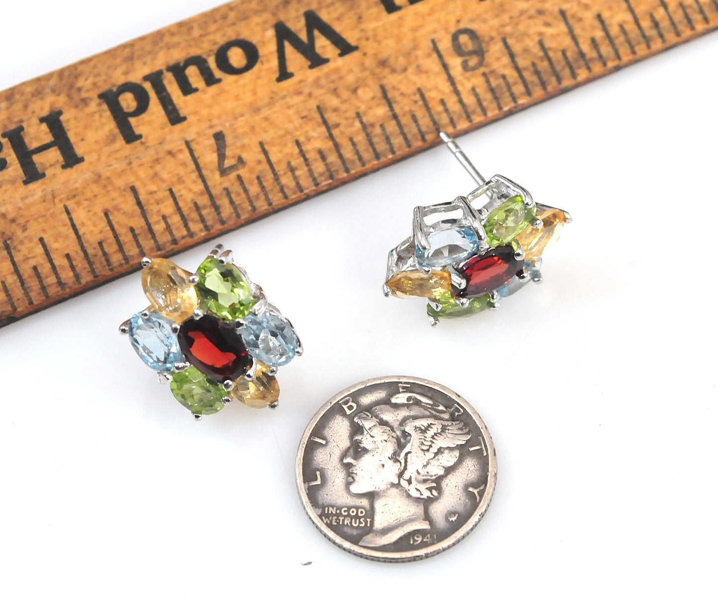 Sterling Silver Gemstone Cluster Stud Earrings