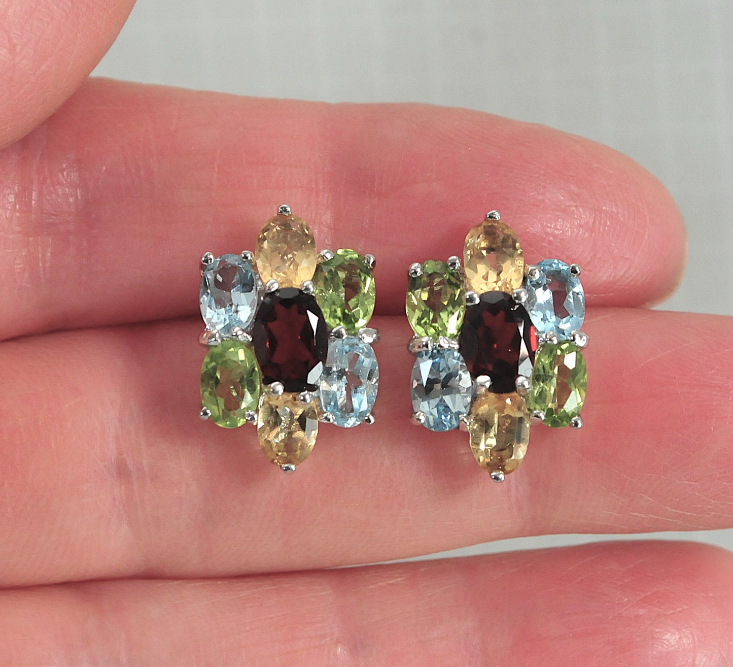 Sterling Silver Gemstone Cluster Stud Earrings