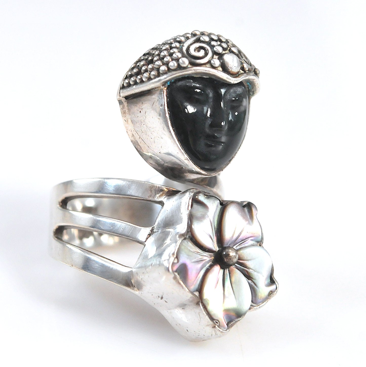 Large Sajen Sterling Silver Carved Face Ring