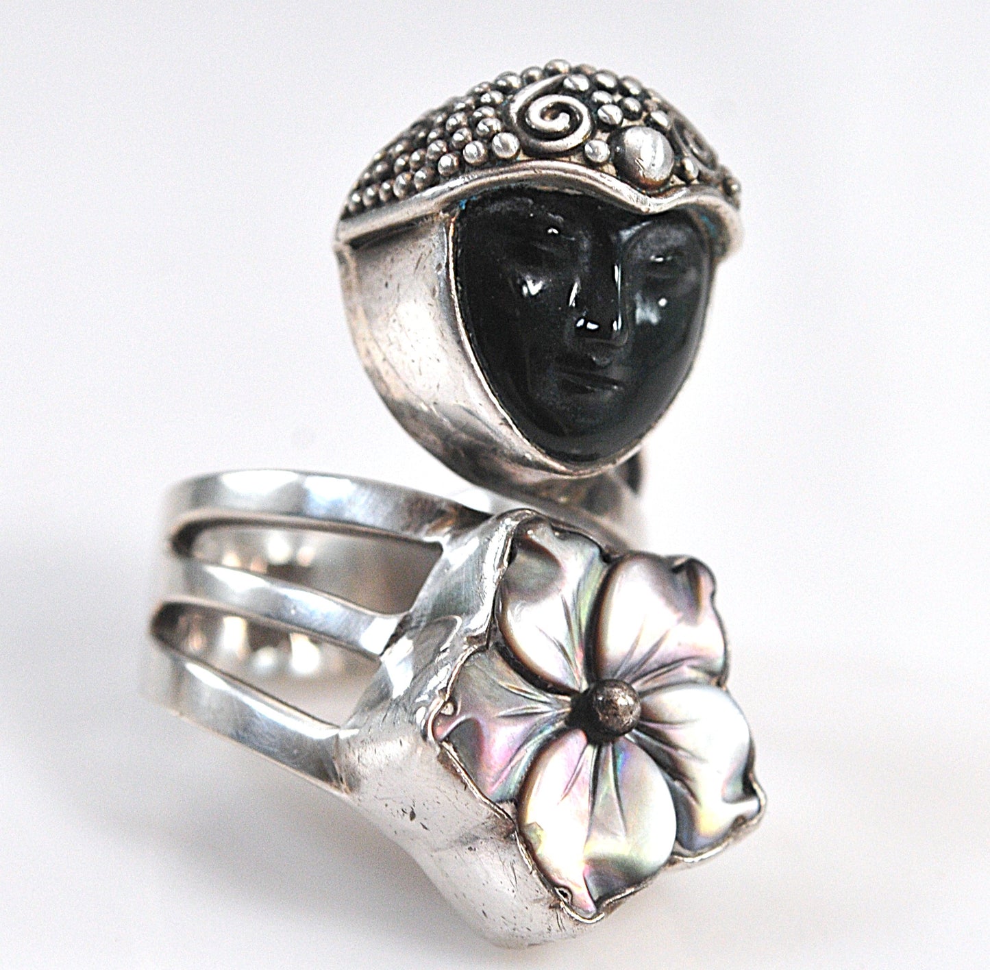 Large Sajen Sterling Silver Carved Face Ring