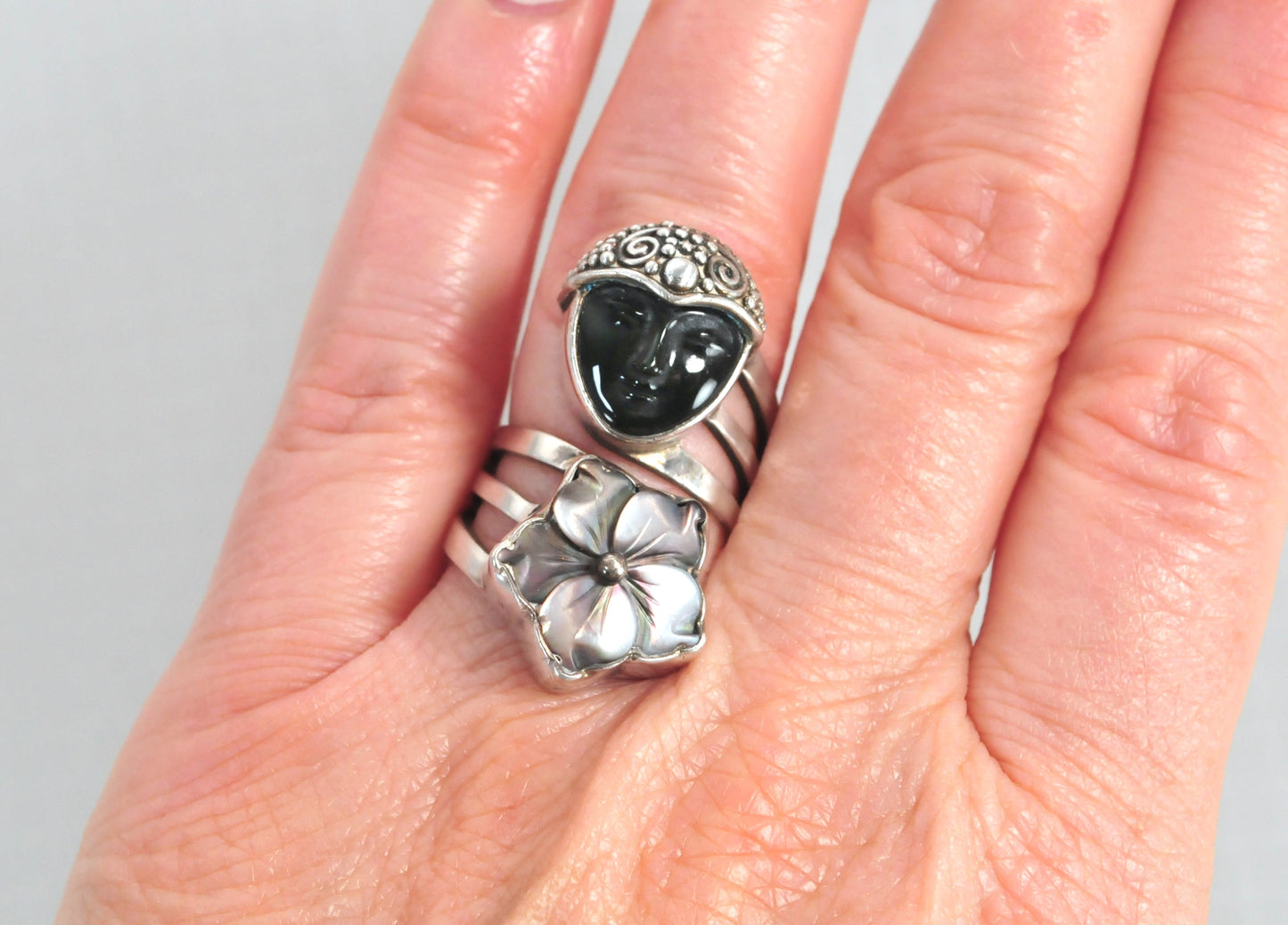 Large Sajen Sterling Silver Carved Face Ring