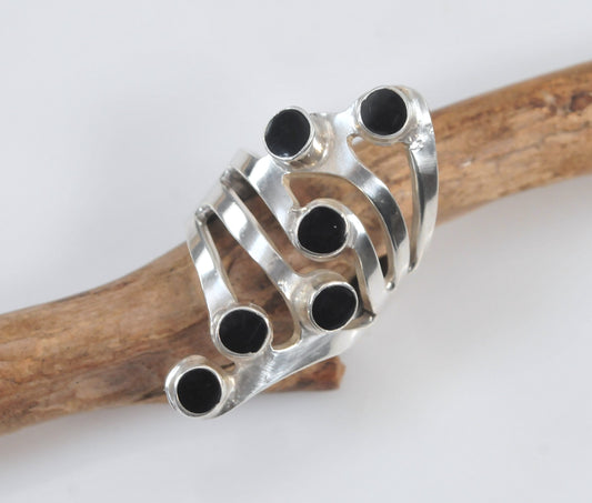 Long Modernist Black Onyx Sterling Silver Ring