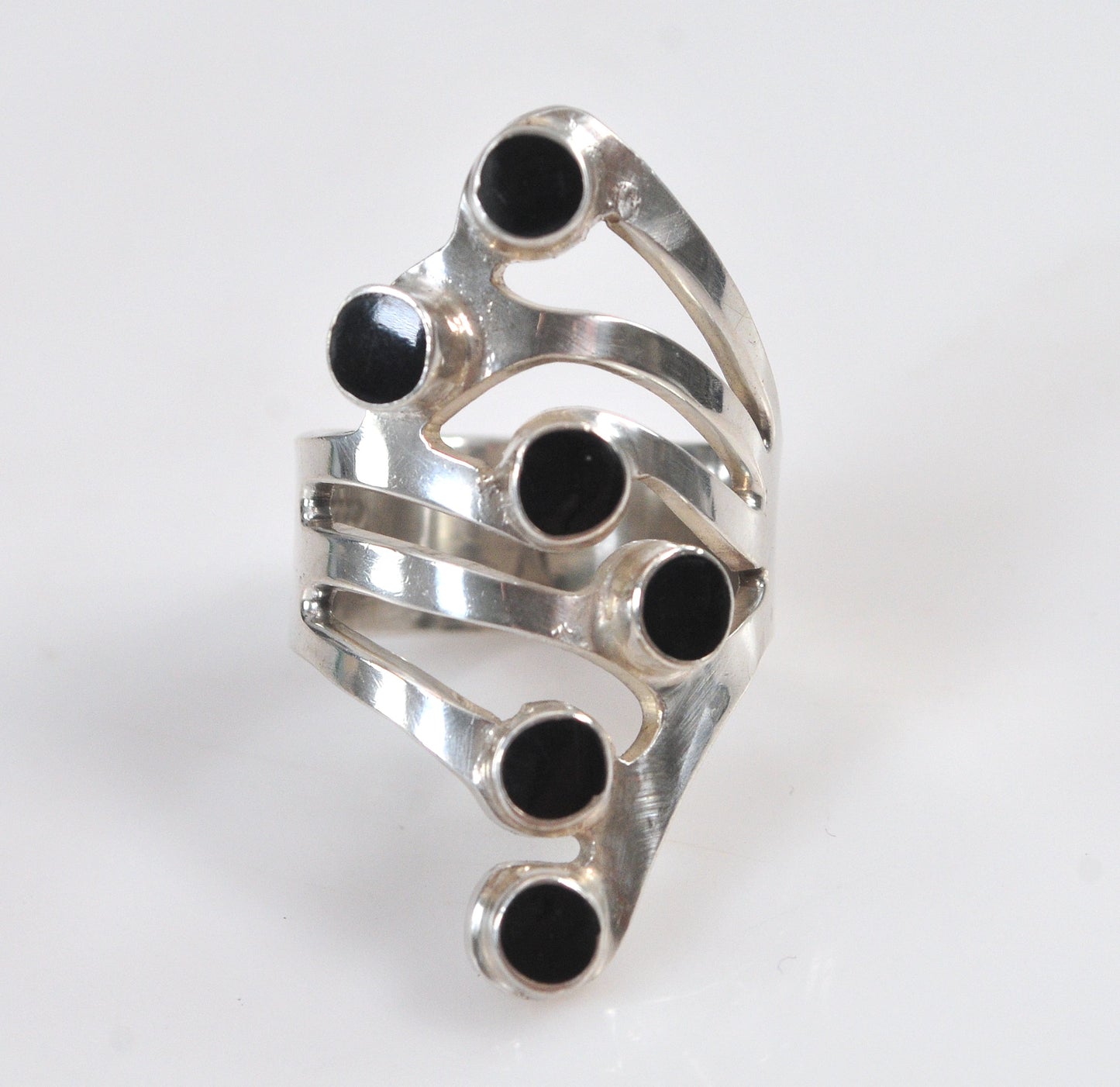 Long Modernist Black Onyx Sterling Silver Ring