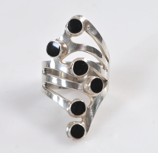 Long Modernist Black Onyx Sterling Silver Ring