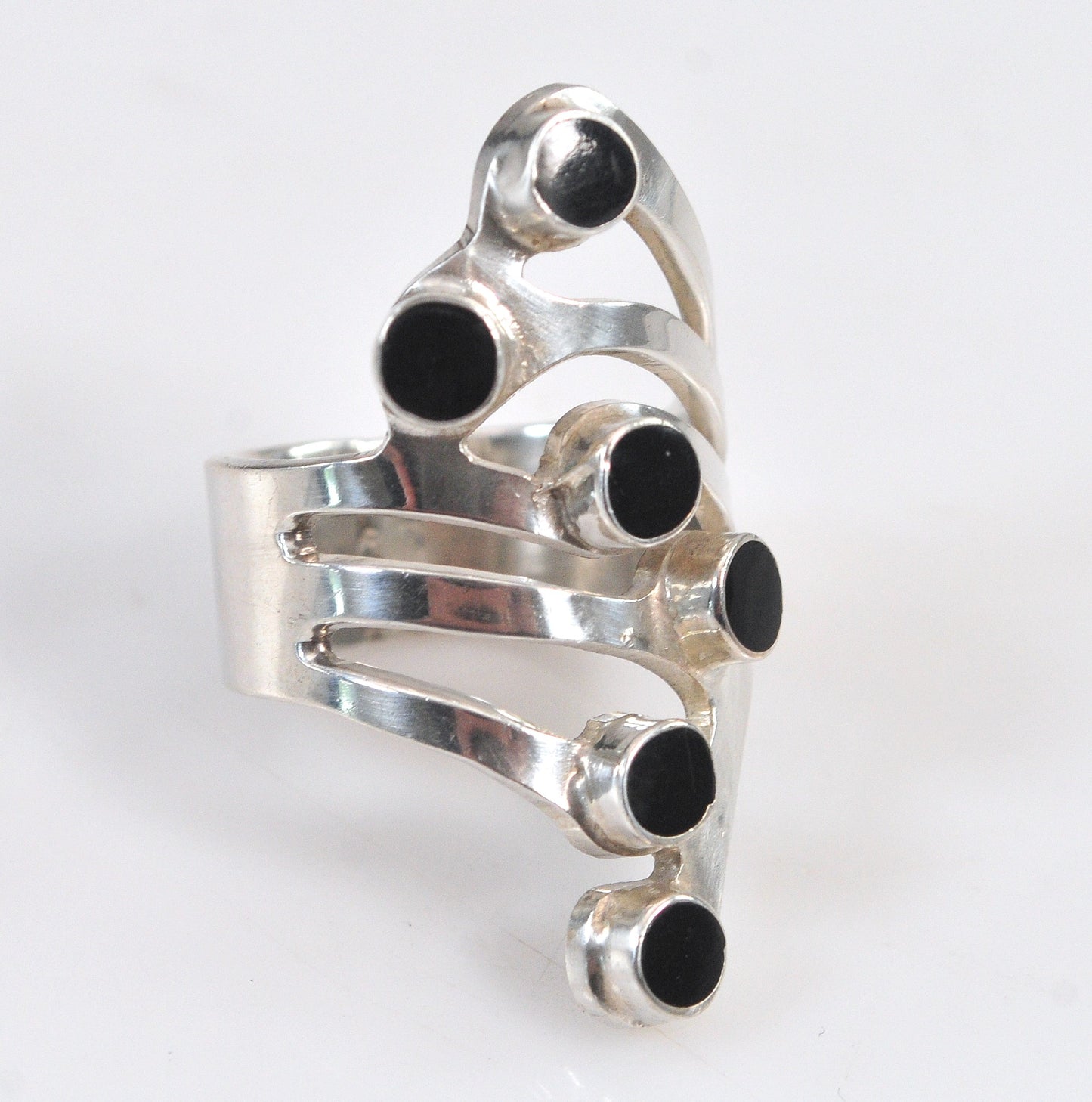 Long Modernist Black Onyx Sterling Silver Ring