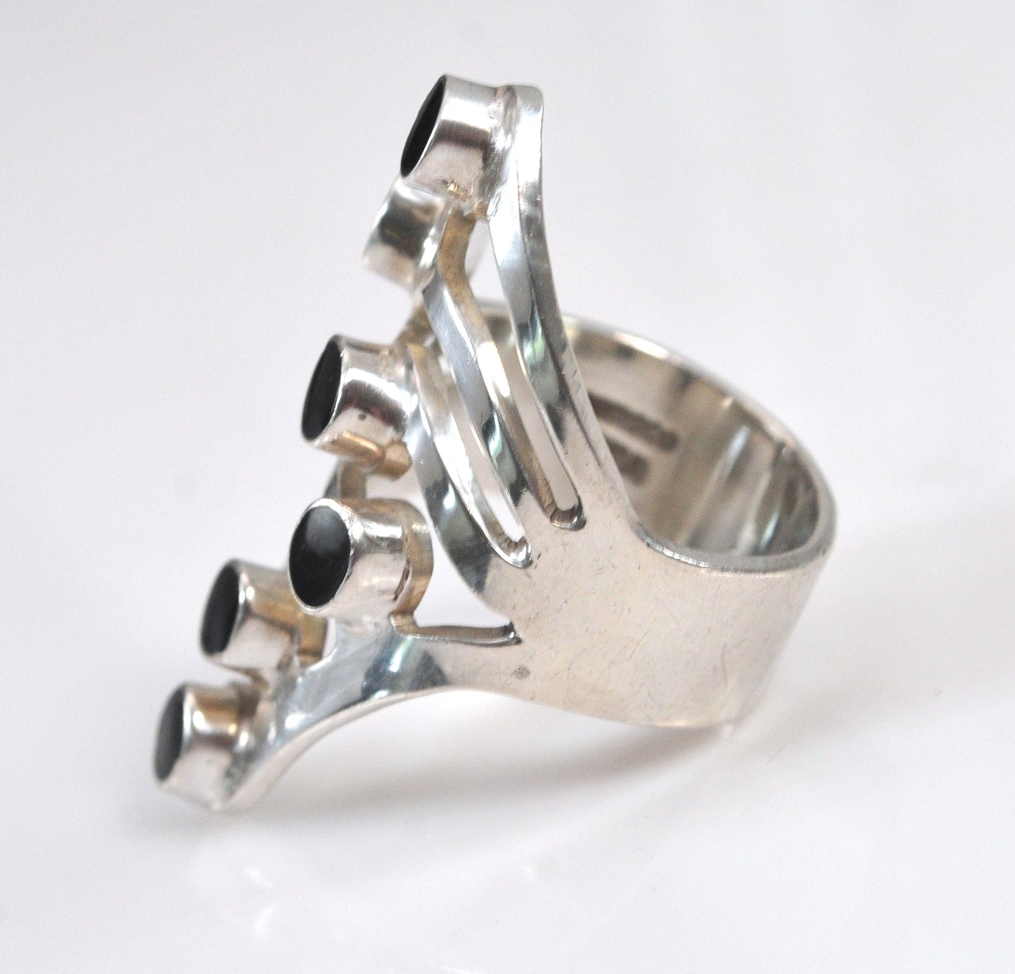 Long Modernist Black Onyx Sterling Silver Ring