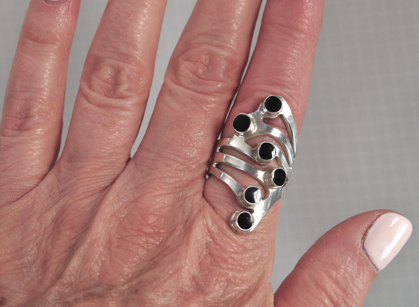 Long Modernist Black Onyx Sterling Silver Ring