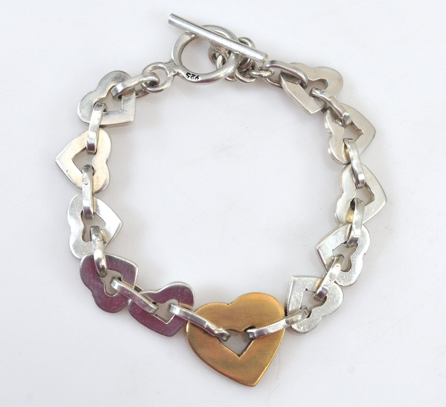 Chunky Sterling Silver Brass Heart Link Bracelet