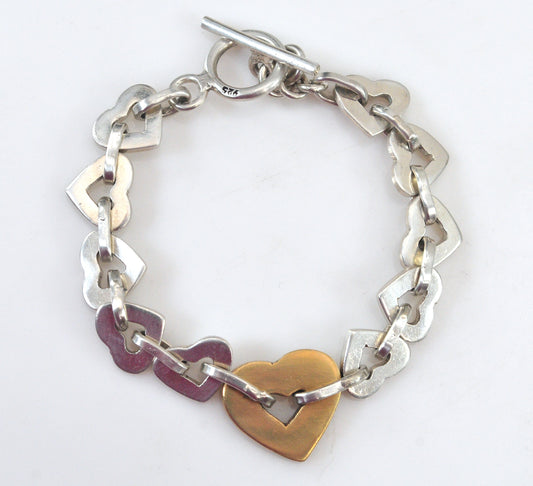 Chunky Sterling Silver Brass Heart Link Bracelet