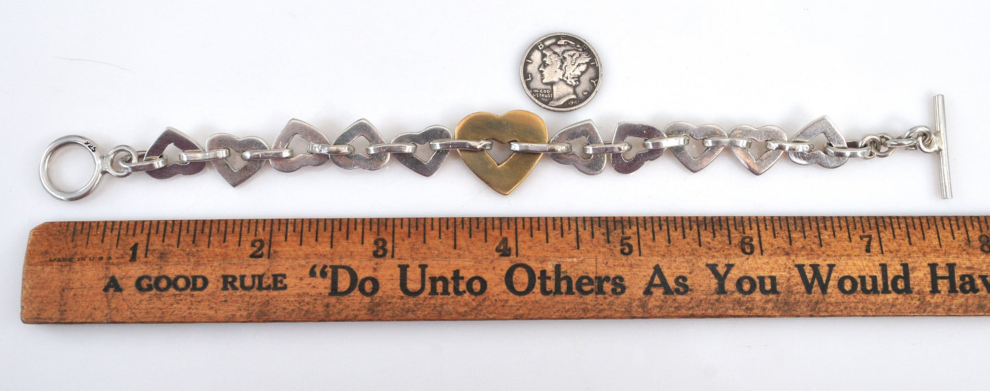 Chunky Sterling Silver Brass Heart Link Bracelet