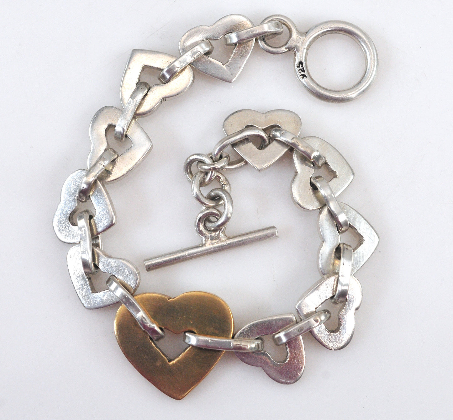 Chunky Sterling Silver Brass Heart Link Bracelet