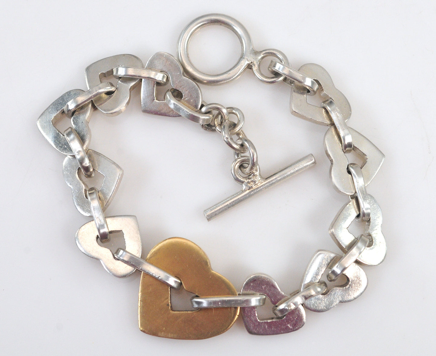 Chunky Sterling Silver Brass Heart Link Bracelet