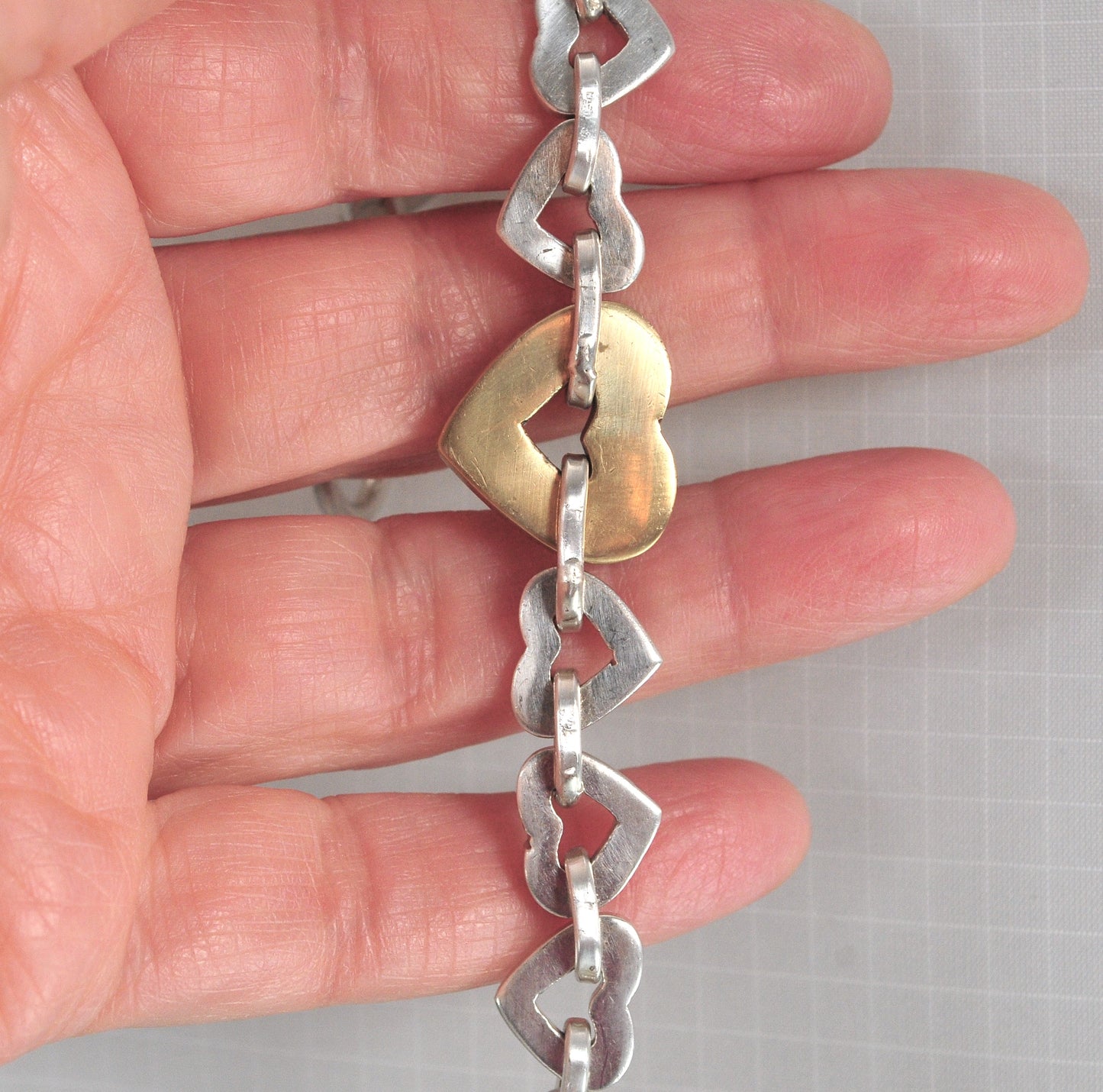 Chunky Sterling Silver Brass Heart Link Bracelet