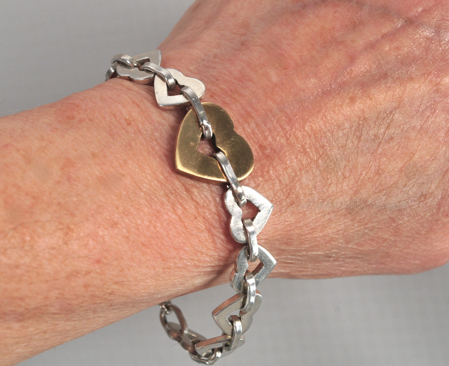Chunky Sterling Silver Brass Heart Link Bracelet