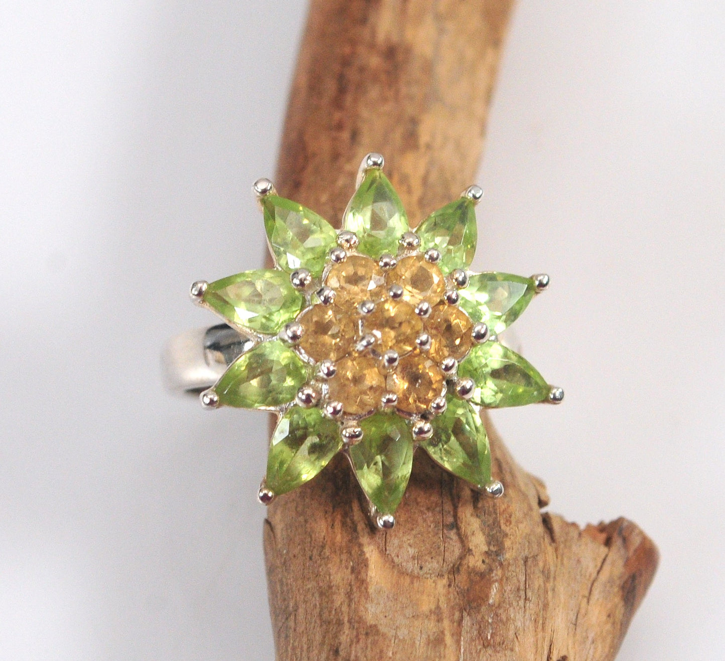 Designer Sterling Silver Peridot Citrine Flower Ring