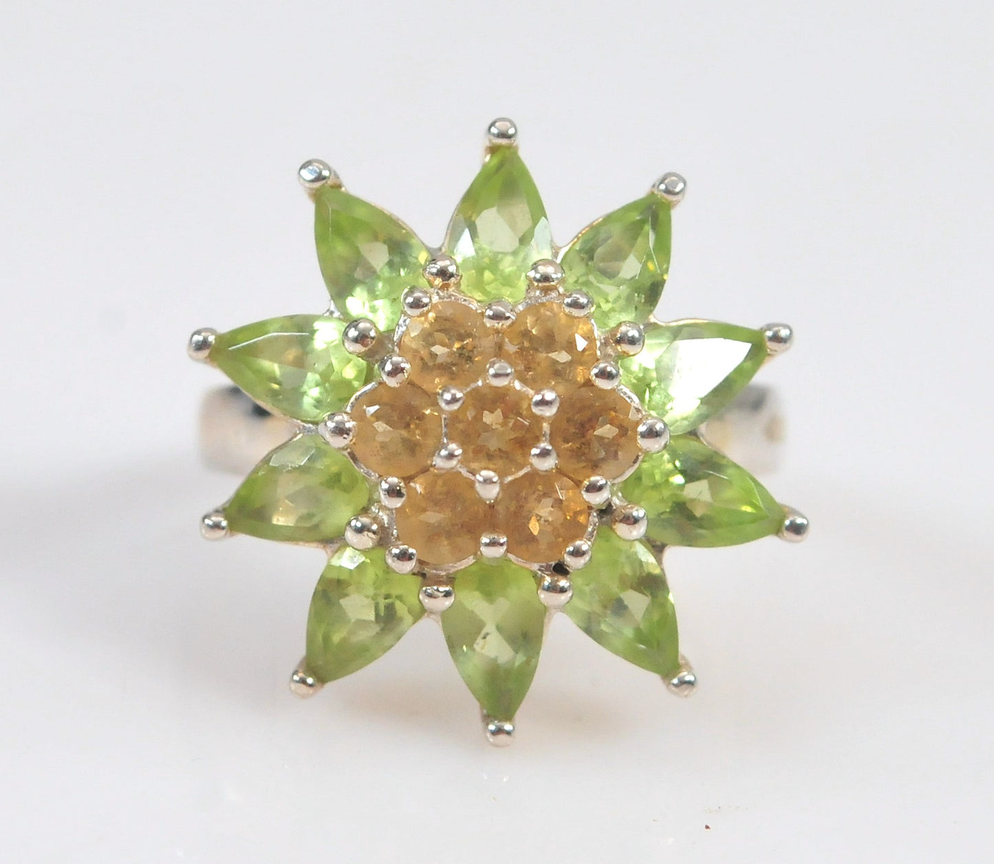 Designer Sterling Silver Peridot Citrine Flower Ring