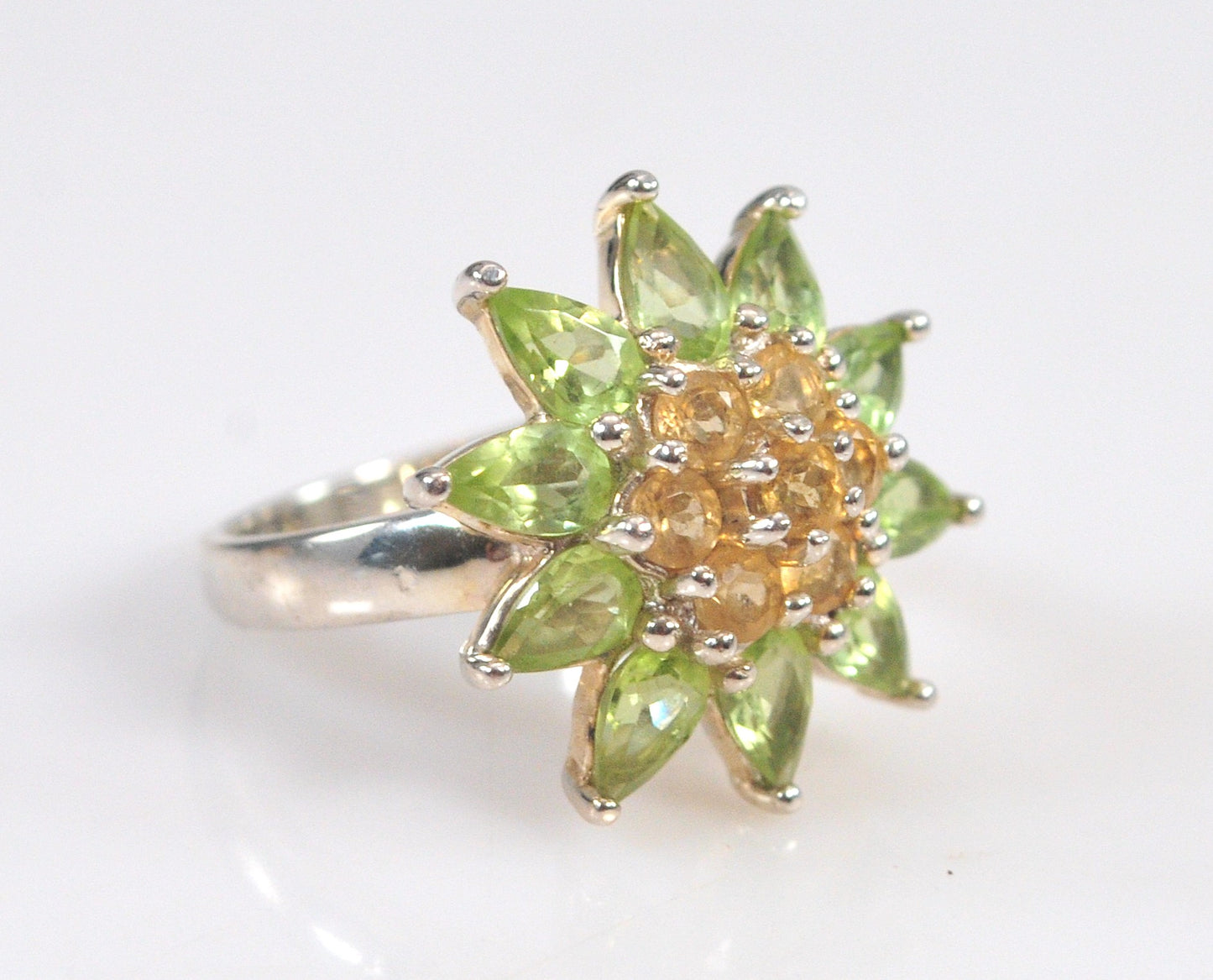 Designer Sterling Silver Peridot Citrine Flower Ring