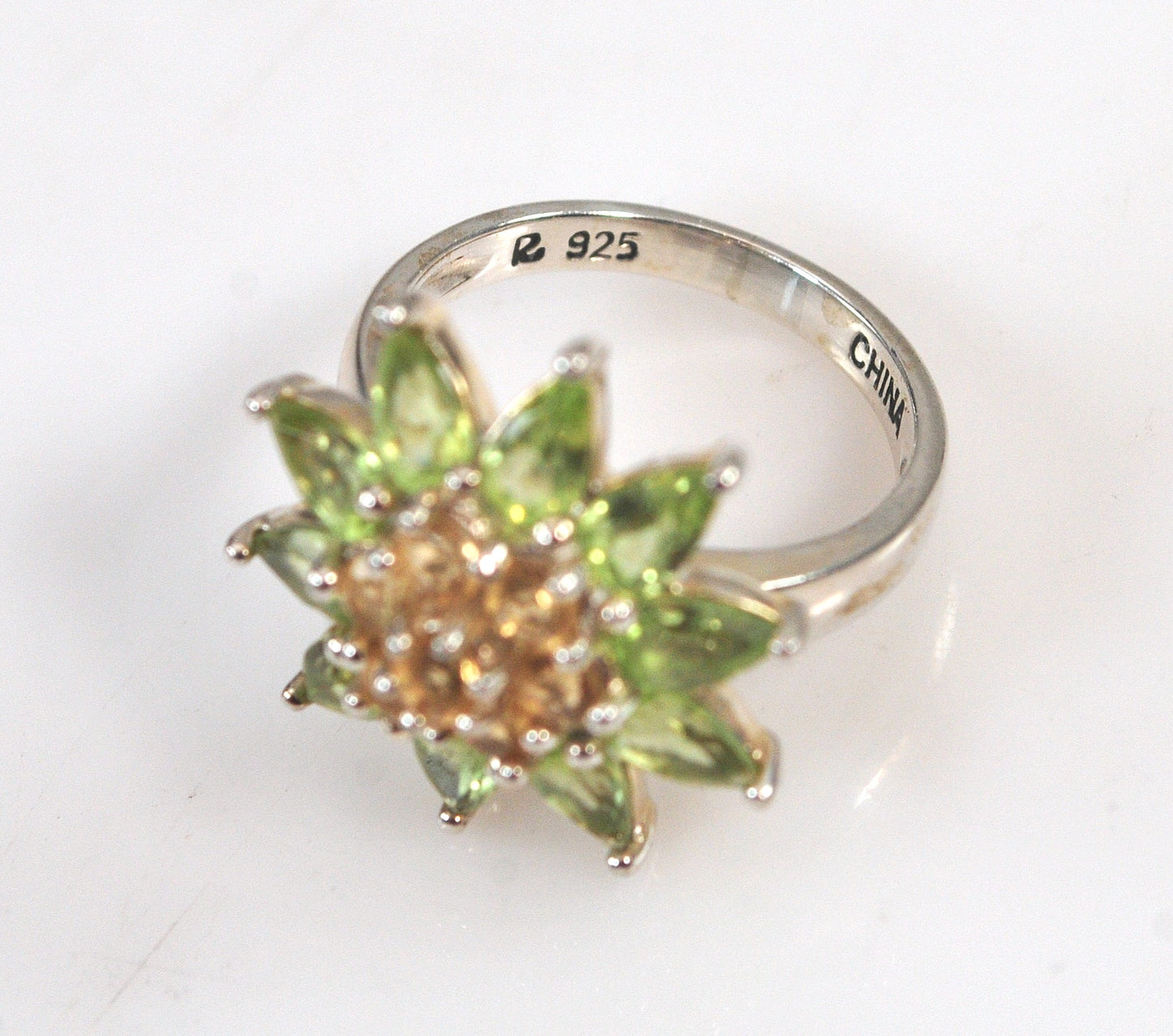 Designer Sterling Silver Peridot Citrine Flower Ring