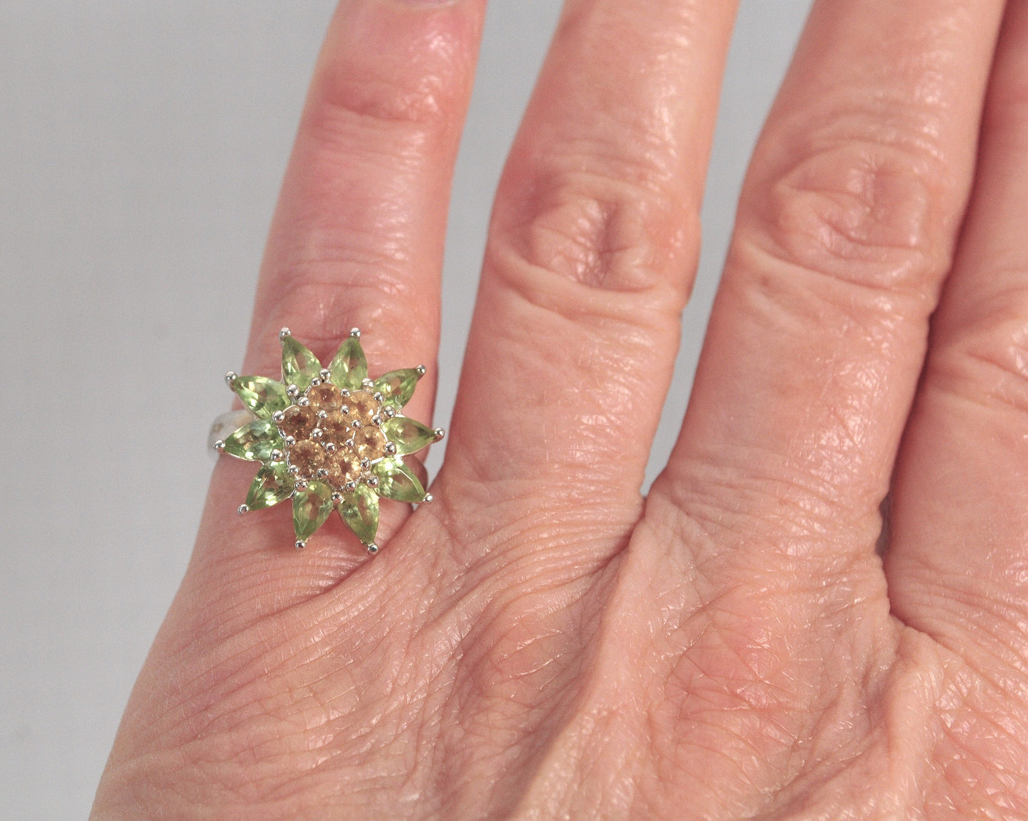 Designer Sterling Silver Peridot Citrine Flower Ring