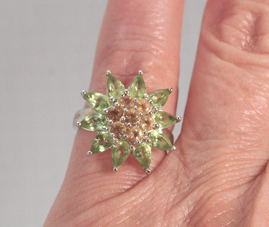Designer Sterling Silver Peridot Citrine Flower Ring