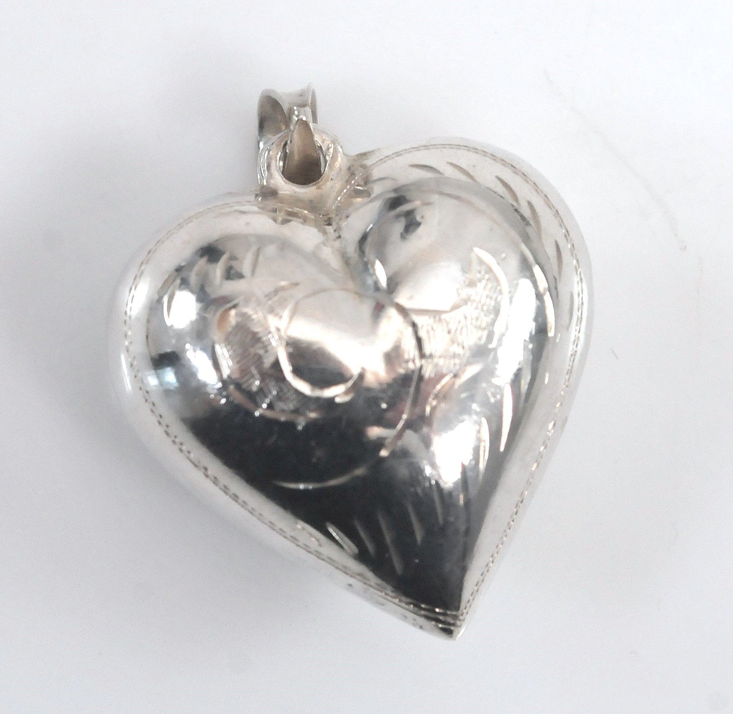Vintage Sterling Silver Etched Puffed Heart Pendant