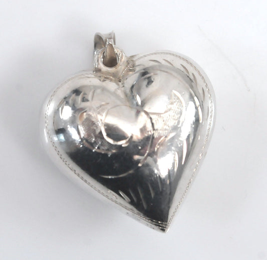 Vintage Sterling Silver Etched Puffed Heart Pendant