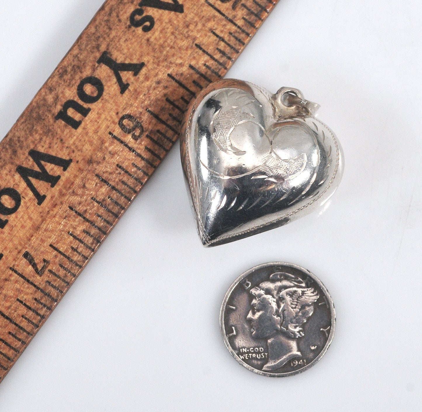 Vintage Sterling Silver Etched Puffed Heart Pendant
