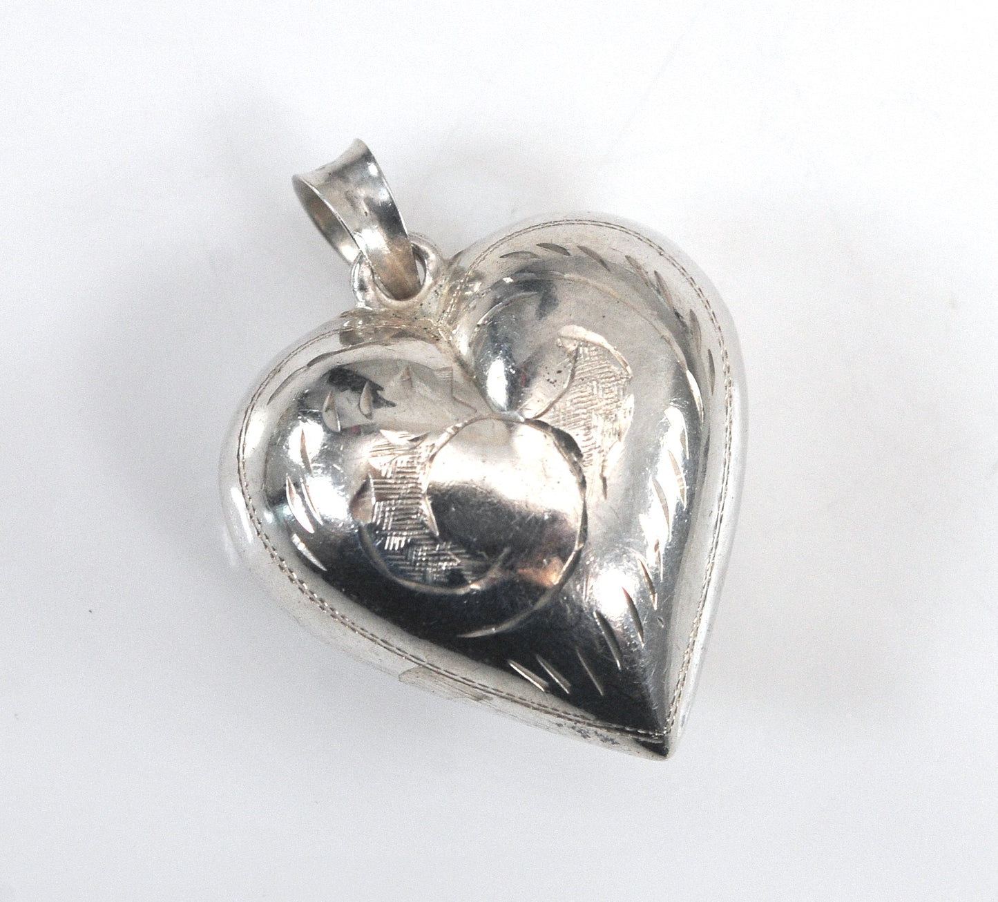 Vintage Sterling Silver Etched Puffed Heart Pendant