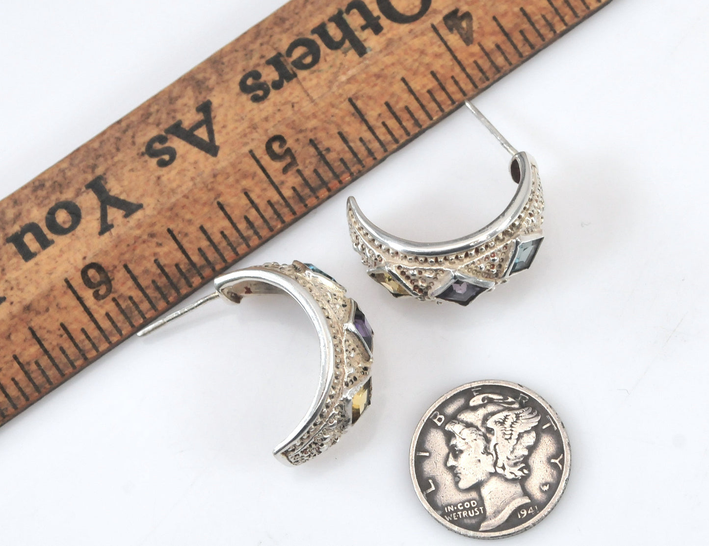Sterling Silver Gemstone Half Hoop Earrings