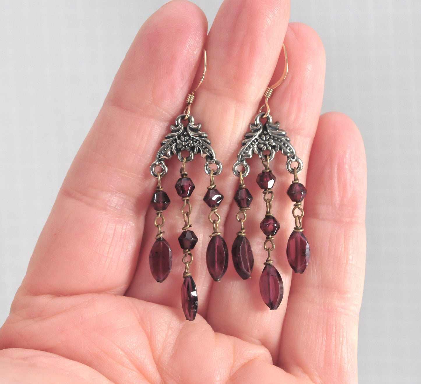Sterling Silver Garnet Chandelier Earrings with Gold Filled Ear Wires